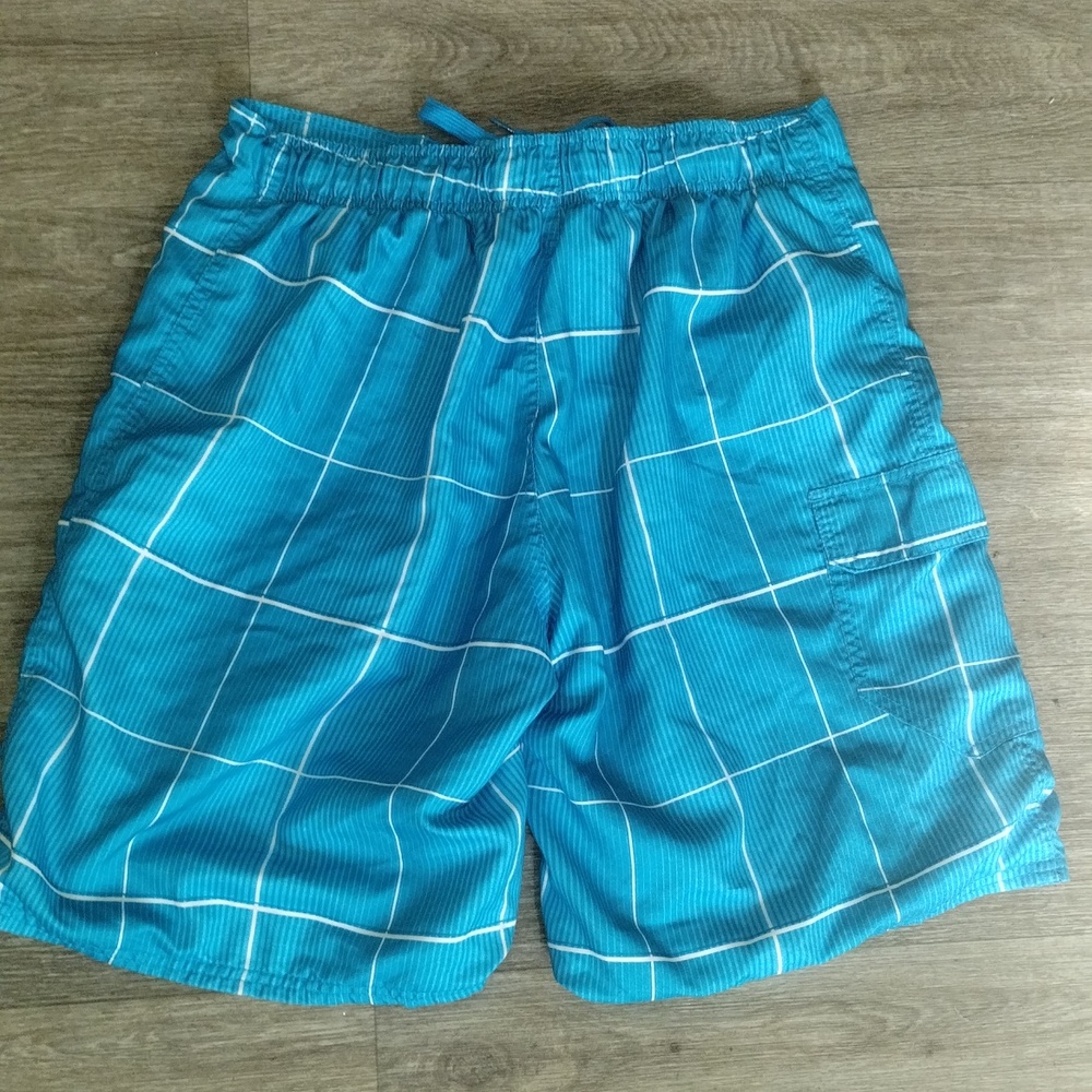 Ocean Pacific (OP) board shorts blue swim trunks with a white plaid pattern L - Picture 5 of 5